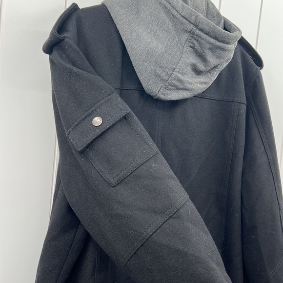 Levi’s Wool Double Zip Hooded Coat Black Gray Quilted W/Pockets Cinch Hood Large - Picture 6 of 14